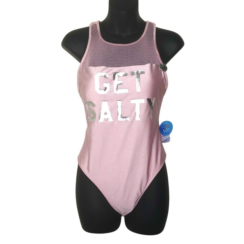 Get Salty One Piece Swimsuit NEW FOREVER 21 UPF 50+ Medium Pink Silver‎ Mesh